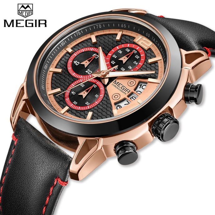 Fashion Men Sport Watches MEGIR Waterproof Chronograh Men Luxury Military Quartz Wrist Watch Casual Leather Strap Business Watch - Watch’store
